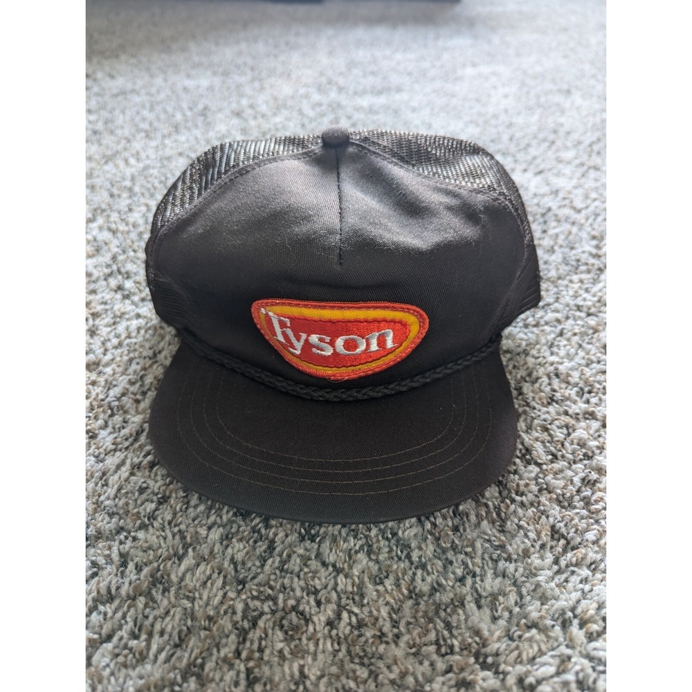Vintage Tyson USA Made Patch Trucker Hat‎ Strap Back Rope Adjustable Mesh -Brown